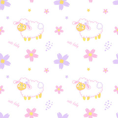 Seamless pastel pattern with cute sheep, flowers and cute baby lettering on a white background. Vector design for baby products, diapers, clothes, textiles, wrapping paper, prints, decorations.