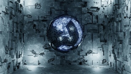 3D Render. Sci-fi object with glowing energy at center. Rotation metal sphere with chaotic structure. Futuristic shape against the background of old concrete