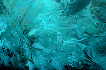 Fluid Art. Turquoise and blue abstract waves with golden particles on black background. Marble...