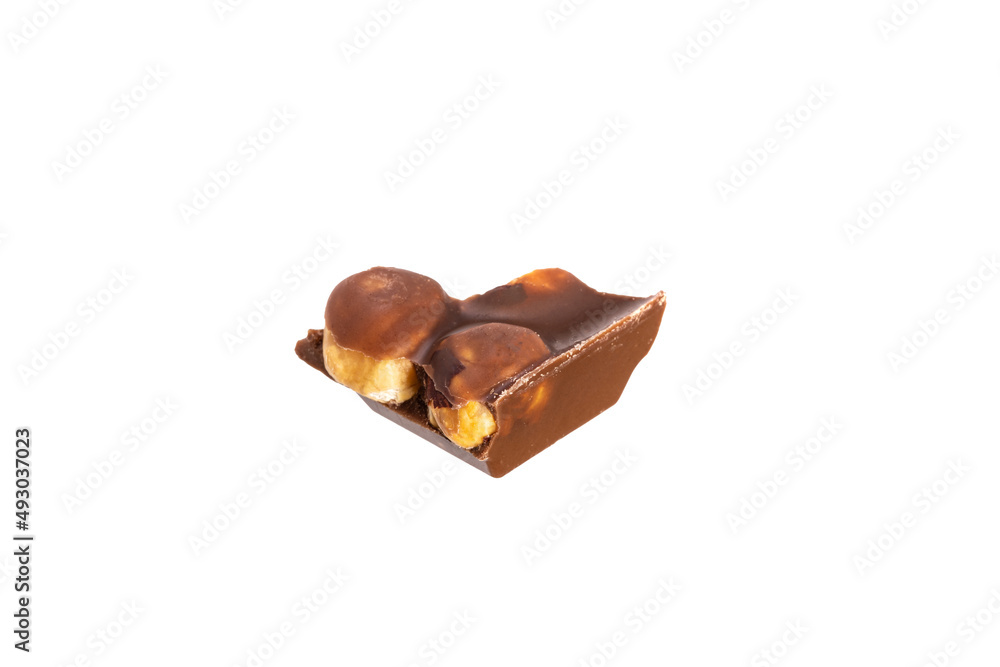 Poster piece of chocolate with peanuts isolated on white background
