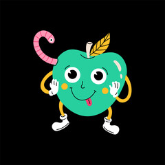 Retro 30s cartoon and comics character face. Traditional vintage green apple or wormy apple illustration on black background