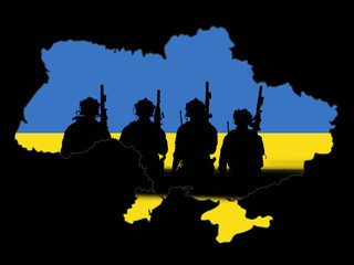 Map of Ukraine with troops guarding the border