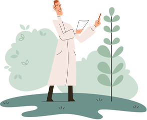 Scientist explores vegetable life and plants in nature. Biologists in forest studying environment. Explorer in garden or forest conducts experiments takes care of ecology. Researcher study flora