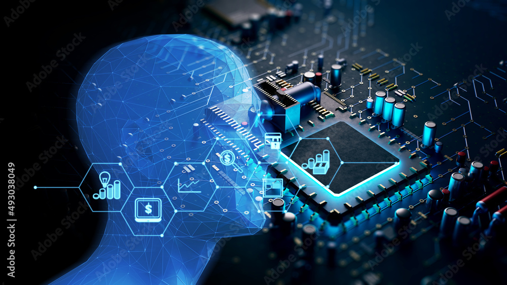 Poster 3d rendering  of futuristic blue circuit board and cpu