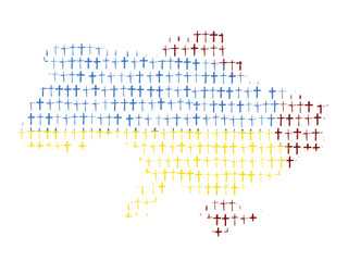 map of ukraine on a white background, pattern of crosses, with the places of the strongest fighting in 2022