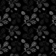 Vector monochrome seamless pattern of abstract plants. Graceful branches on a black background.
For printing on textiles and accessories.