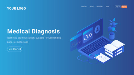 Isometric Landing Page Template for Doctor Analyzes Patient Data