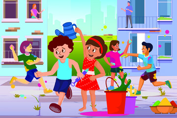 happy Holi vector illustration . all kids play color together