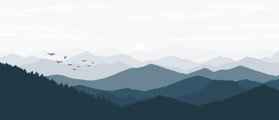 vector illustration of mountain landscape with fog and forest sunrise and sunset in the mountains