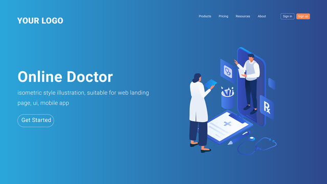 Isometric Landing Page Template for Online Medical Service