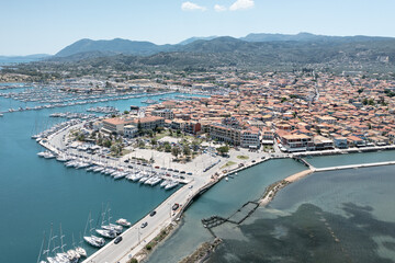 Lefkas (Lefkada) town with yacht marina, aerial view. 