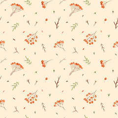 Seamless pattern of watercolor leaves and red berries hawthorn.