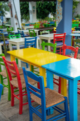 Colourful Chairs in a Greek Restaurant
