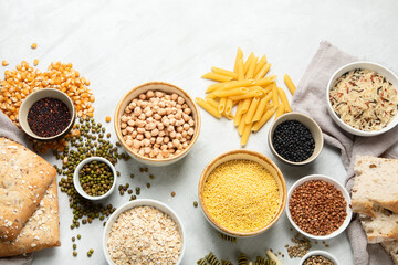 Best sources of carbs on light gray background.