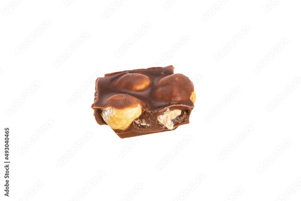 Poster piece of chocolate with peanuts isolated on white background