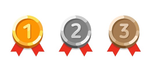 A set of flat medals for first, second, third place. Awards - gold, silver, bronze. Vector stock illustration.