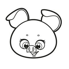 Cute cartoon piglet head outlined for coloring page on a white background