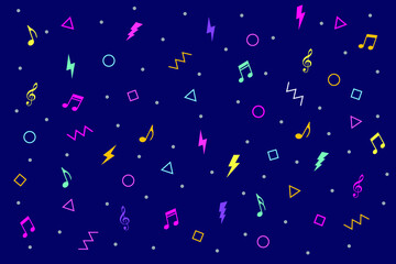 vector seamless pattern with multicolor geometric, lightning, music note shapes on dark background. retro vintage abstract vector illustration for printing on paper, advertising materials, and fabric.