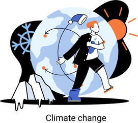 Climate and air temperature change concept. Abstract metaphor global warming, weather, forecast. Human impact on nature and ecology. Man during warming or cooling changes clothes vector illustration