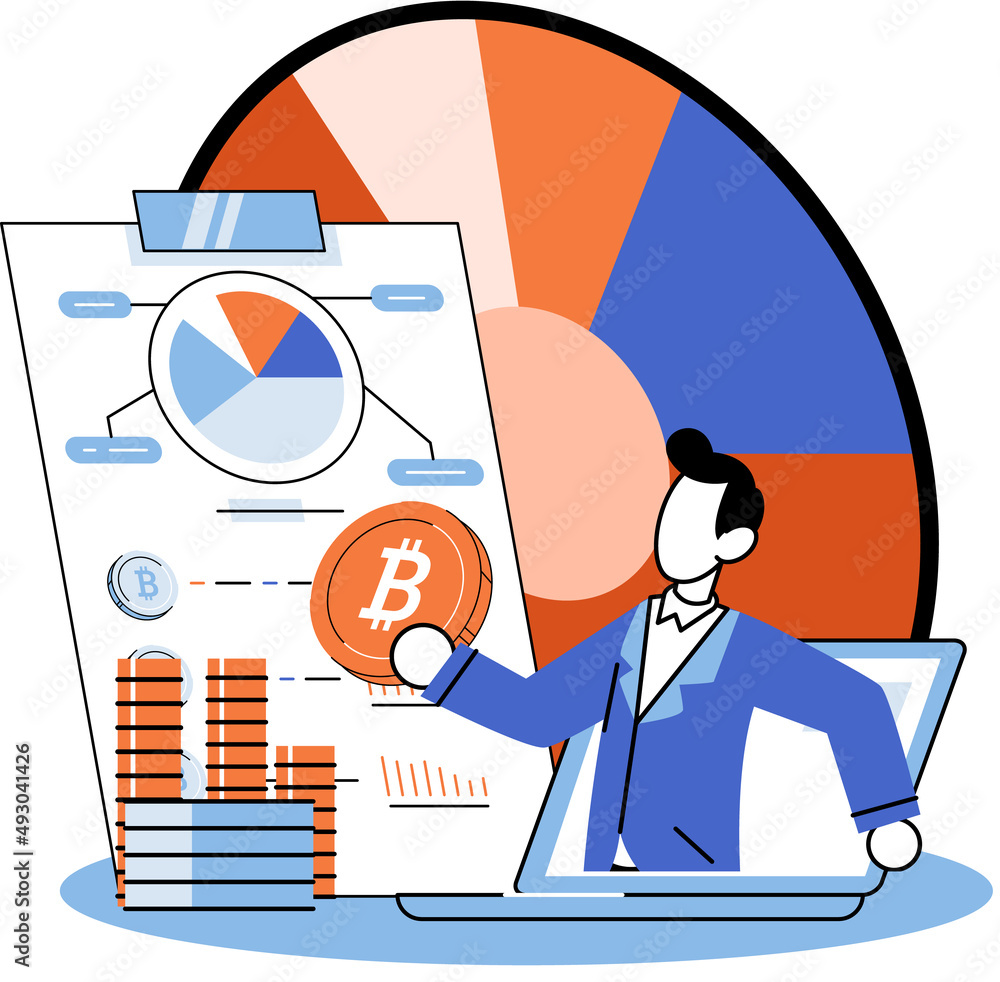 Poster concept of bitcoin mining, blockchain network technology, initial coin offering and cryptocurrency. 