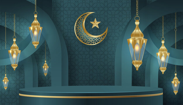 Islamic 3d Podium Round Stage For Eid Mubarak, Ramadan Kareem, Muharram, Iftar On Color Background