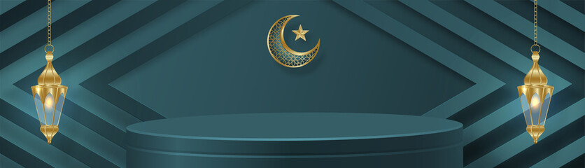 Islamic 3d podium round stage for Eid Mubarak, Ramadan Kareem, Muharram, Iftar on color background