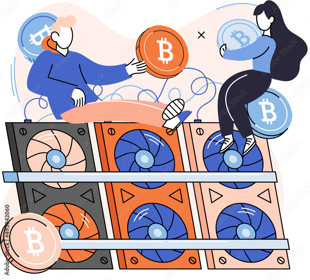 Poster cryptocurrency bitcoin mining metaphor blockchain exchange platform. cyber banking procedures, bitco