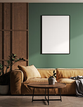 Poster frame mock-up in home interior background with bright sofa, green wall, table and decor in living room, 3d render