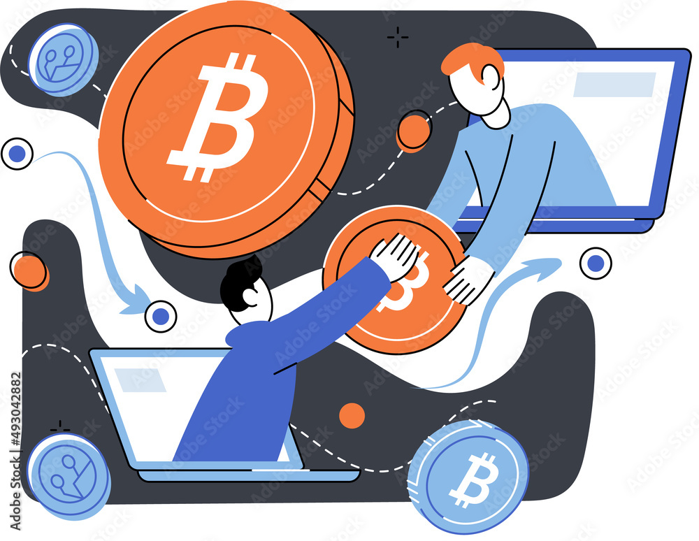 Poster cryptocurrency bitcoin mining metaphor blockchain exchange platform. cyber banking procedures, bitco