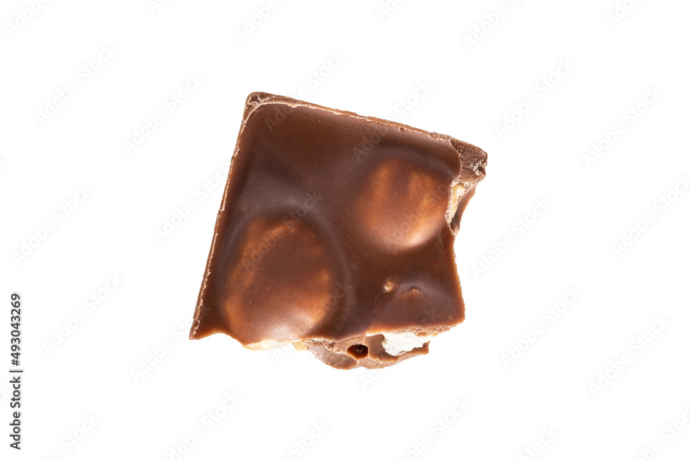 Poster piece of chocolate with peanuts isolated on white background