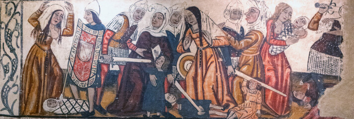 Pinturas murales de la nave central, siglo 14. Detalle. Catedral de Mondoñedo. Provincia de Lugo,...
