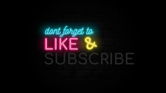 End screen neon sign on a brick wall footage, likes and subscribe sign