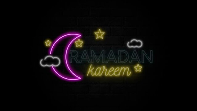 Ramadan kareem neon sign on a brick wall