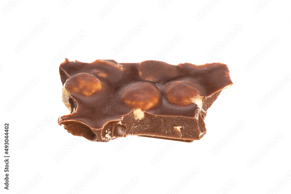 Poster piece of chocolate with peanuts isolated on white background