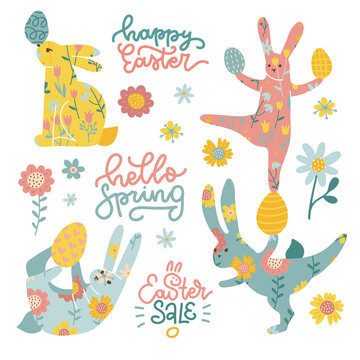 Set of rabbir patterned silhouettes, Easter egg, flowers and lettering quotes in flat style. Folk ornament on bunnyfigures. Vector Illustration in pastel colors