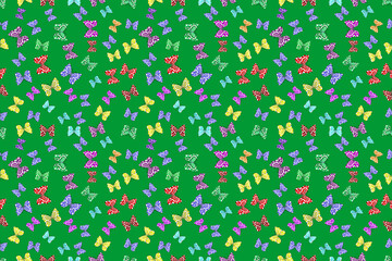 Seamless pattern with interesting doodles on colorfil background. Pano. Raster illustration. Butterflies.