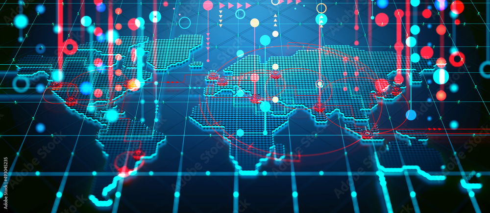 Aufkleber Logistics of global communications. World globalization and digital data exchange. 3D illustration map of continents in cyber style of Internet space. Big data of global corporations