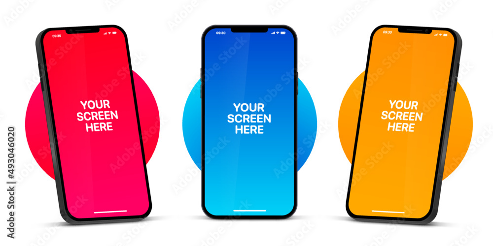 Poster 3d high quality vector smartphone mockups. Ultra realistic mobile device UI UX mockup for presentation template. 3d isometric phone with different angles views. Cellphone frame with  fillable field.