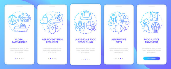Food security approaches blue gradient onboarding mobile app screen. Walkthrough 5 steps graphic instructions pages with linear concepts. UI, UX, GUI template. Myriad Pro-Bold, Regular fonts used