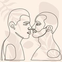 men kiss portrait one continuous line drawing, isolated
