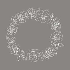 Rose continuous line wreath wedding, outline sketch style vector abstract art.