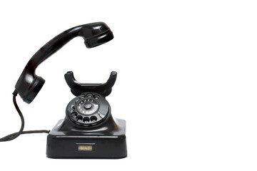 Closeup vintage phone lifted earpiece white background