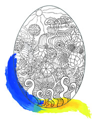Easter egg vector black and white with rural scene and Ukraine flag