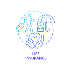 Life insurance blue gradient concept icon. Tourist safety. Travel accident financial coverage abstract idea thin line illustration. Isolated outline drawing. Myriad Pro-Bold font used
