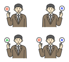 男性社員がまるとばつと三角の札を持つイラスト素材