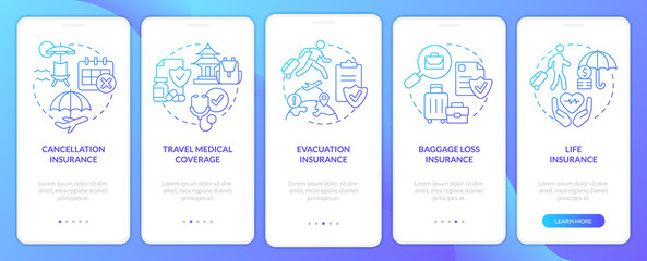 Travel insurance blue gradient onboarding mobile app screen. Coverage walkthrough 5 steps graphic instructions pages with linear concepts. UI, UX, GUI template. Myriad Pro-Bold, Regular fonts used