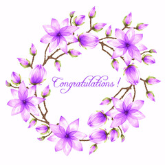 A watercolor illustration of a round wreath made of elements with a floral magnolia motif, a writing “Congratulations!” on a light background for design of text,greeting and invitation cards,backdrops