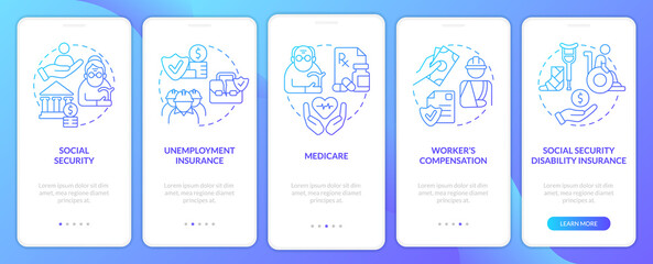 Federal social insurance blue gradient onboarding mobile app screen. Walkthrough 5 steps graphic instructions pages with linear concepts. UI, UX, GUI template. Myriad Pro-Bold, Regular fonts used