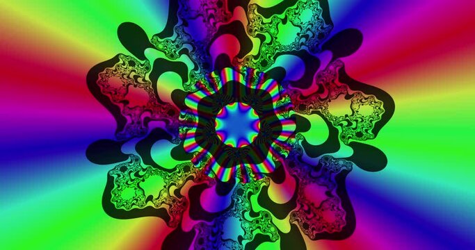 Abstract animation with a variety of changing, flashing fractal patterns, shapes, and colors