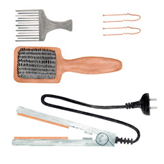watercolor illustration of a hair straightener in a barbershop, combs, hairpins hand drawn on a white background

